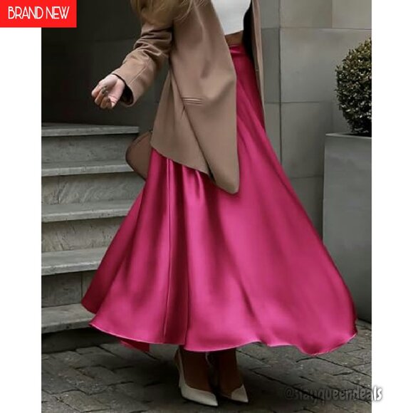 Elegant Satin Maxi Skirt High Waisted A-Line Formal Cocktail Night Out - Picture 6 of 8